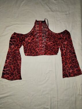 Red Leopard Cold-Shoulder Lace-Up Crop Top
